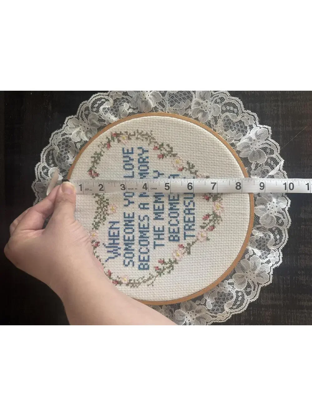 Vtg Handmade Cross Stitch Memorial Quote Wall Decor Lace Trim Embroidery Hoop